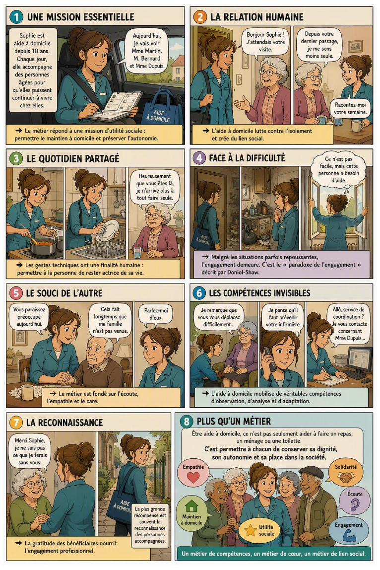 Bande dessinée « Une mission essentielle » illustrant le quotidien d'une aide à domicile : mission d'utilité sociale, relation humaine, quotidien partagé, compétences invisibles et reconnaissance.