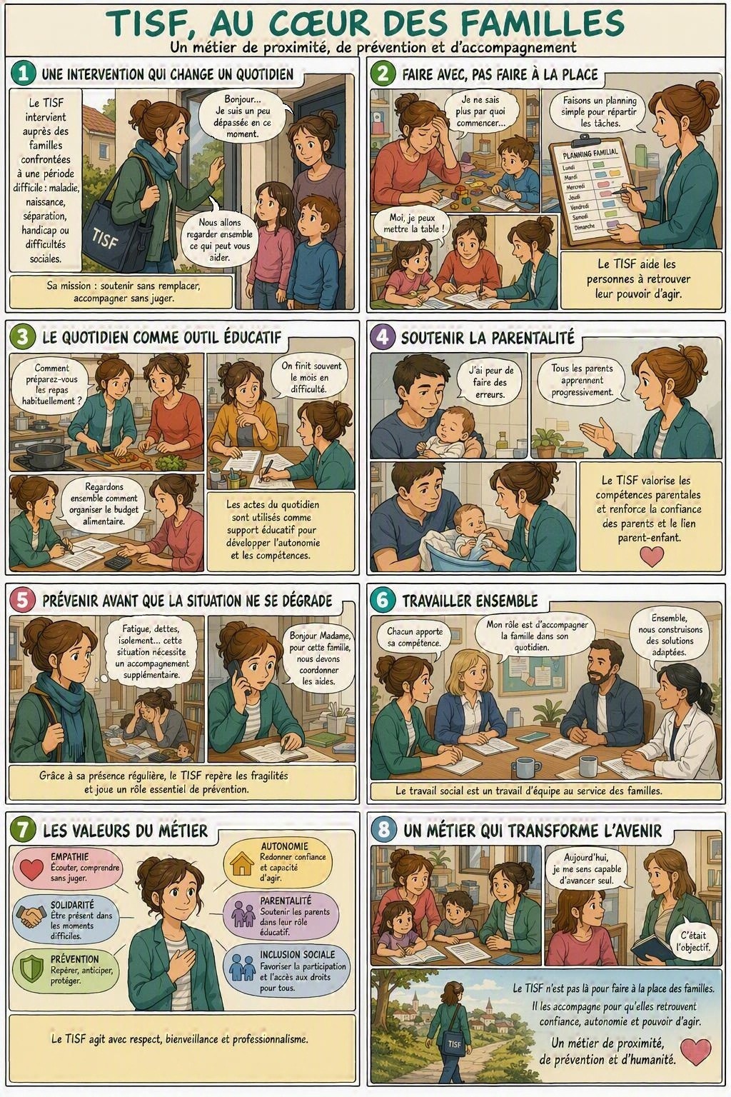 Bande dessinée « TISF, au cœur des familles » illustrant l'intervention auprès des familles : soutien à la parentalité, quotidien comme outil éducatif, prévention, travail en équipe et valeurs du métier.