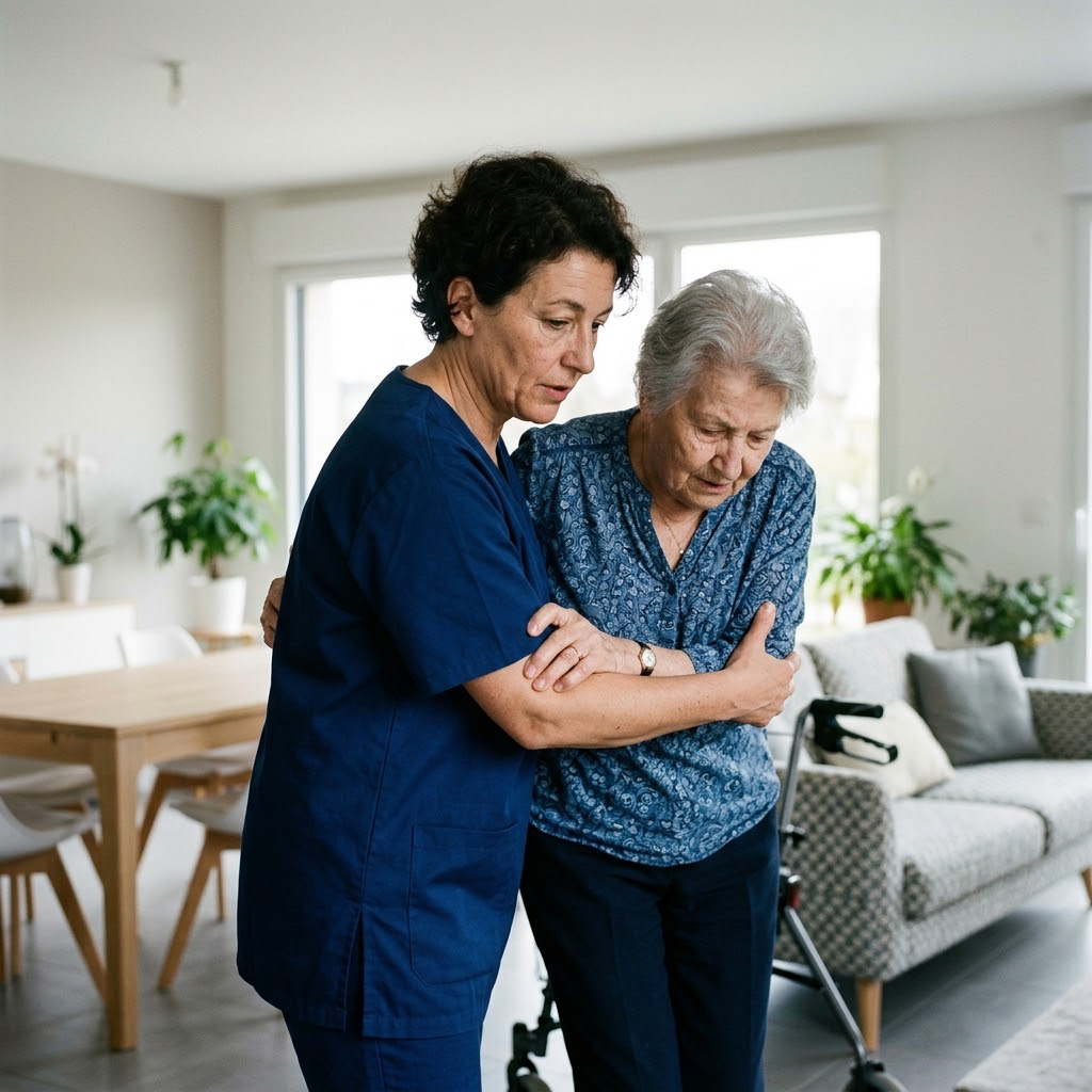 Aide-soignant(e) accompagnant une personne âgée