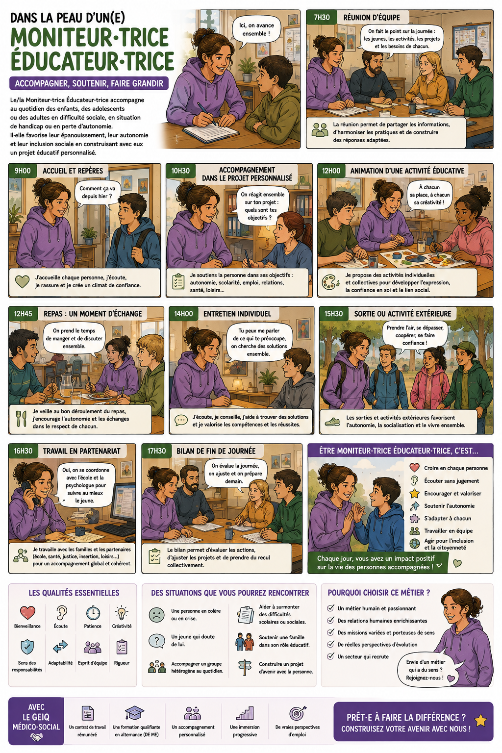 Bande dessinée « Dans la peau d'un(e) Moniteur-Éducateur-Trice » : une journée type d'accompagnement éducatif, du réveil au bilan de fin de journée, en passant par les activités, les repas, les échanges et le travail en équipe.